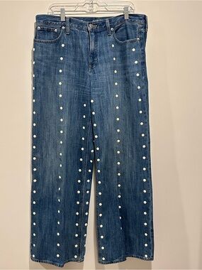J. Crew Blue Wide-Leg Jeans with White Pearl Studs